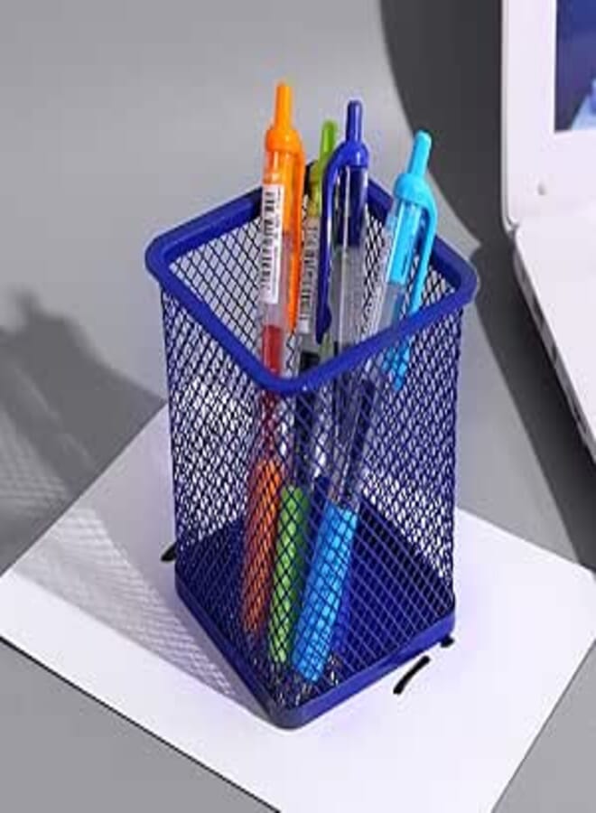 1 Pcs Metal Mesh Pen Pencil Holder, Office Supplies Pen Organizer Colorful Pencil Holder Desk Organizer Decoration Pen Pencil Cup (SQUARE-BLUE)